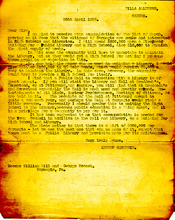[First Grant Letter from Andrew Carnegie]